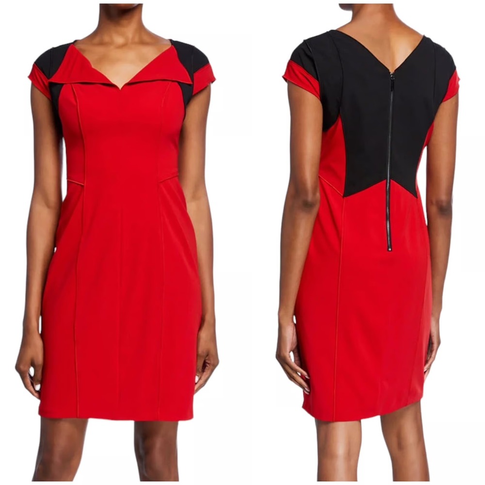 NWT‎ SHANI Red Black Cap Sleeve V Neck Sheath Dress Women sexyUS 10